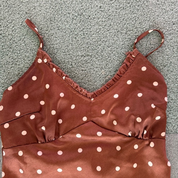 Japna Brown with Tan Polka Dots Midi Satin Dress - Picture 3 of 7